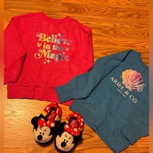 Disney lot sweatshirts are 7/8 slippers are 11/12